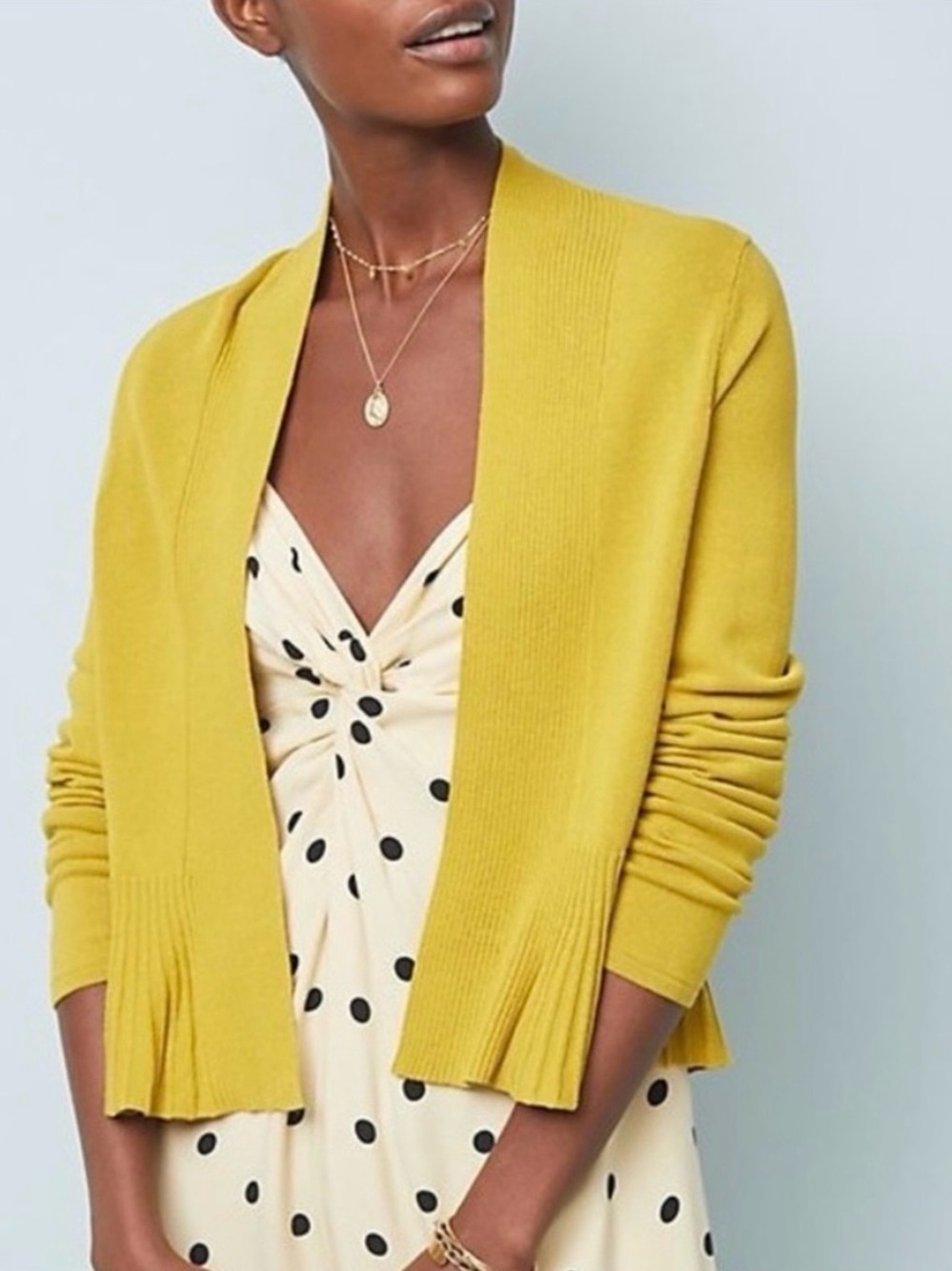 Anthropologie Banlieue Yellow-Green Ribbed Open Front Peplum Cardigan XS